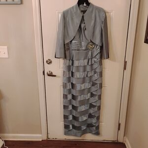 Light Blue Satin Tiered Evening Dress with Bolero Jacket Jessica Howard Size 12.